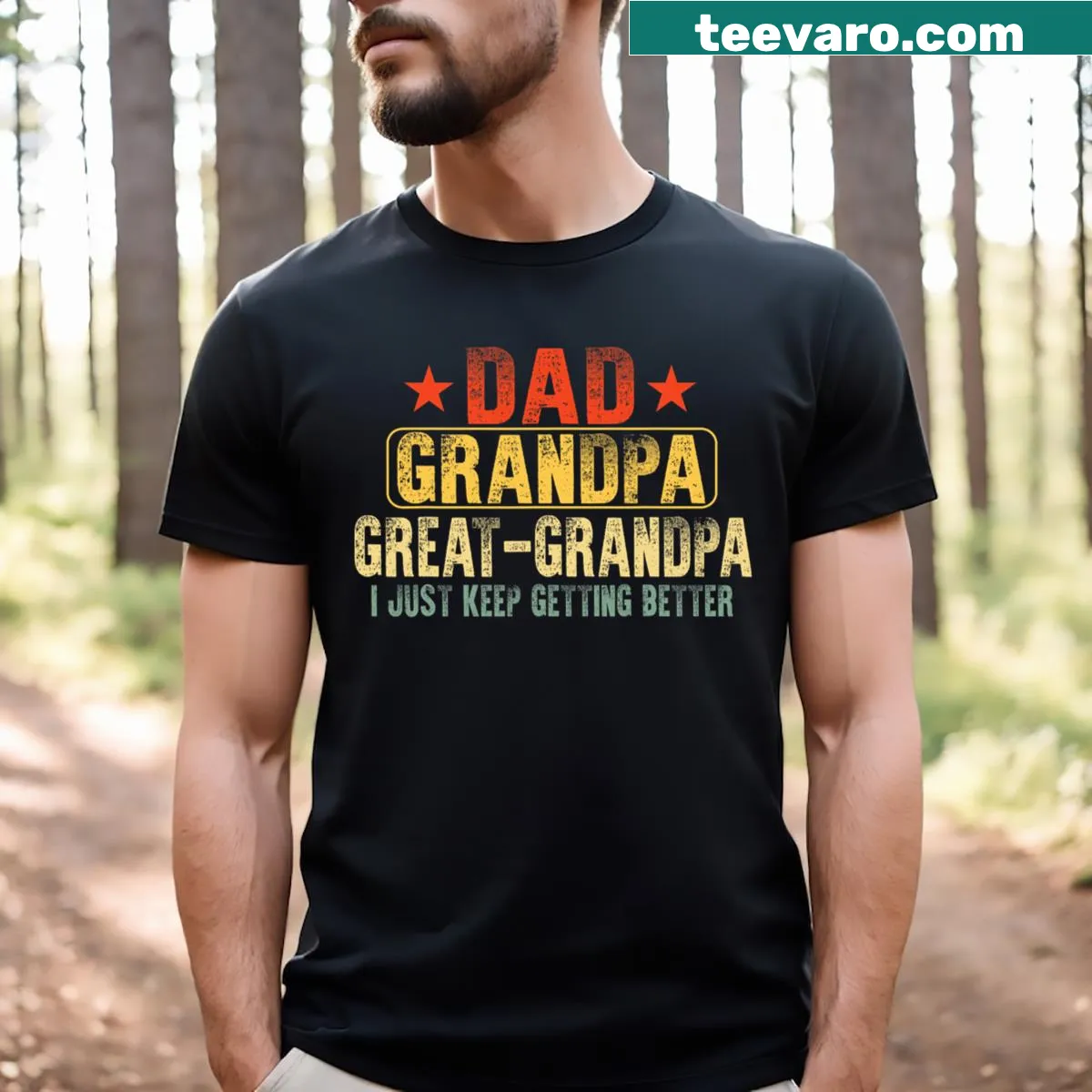 Funny great grandpa t-shirt with humorous text — on a men's t-shirt