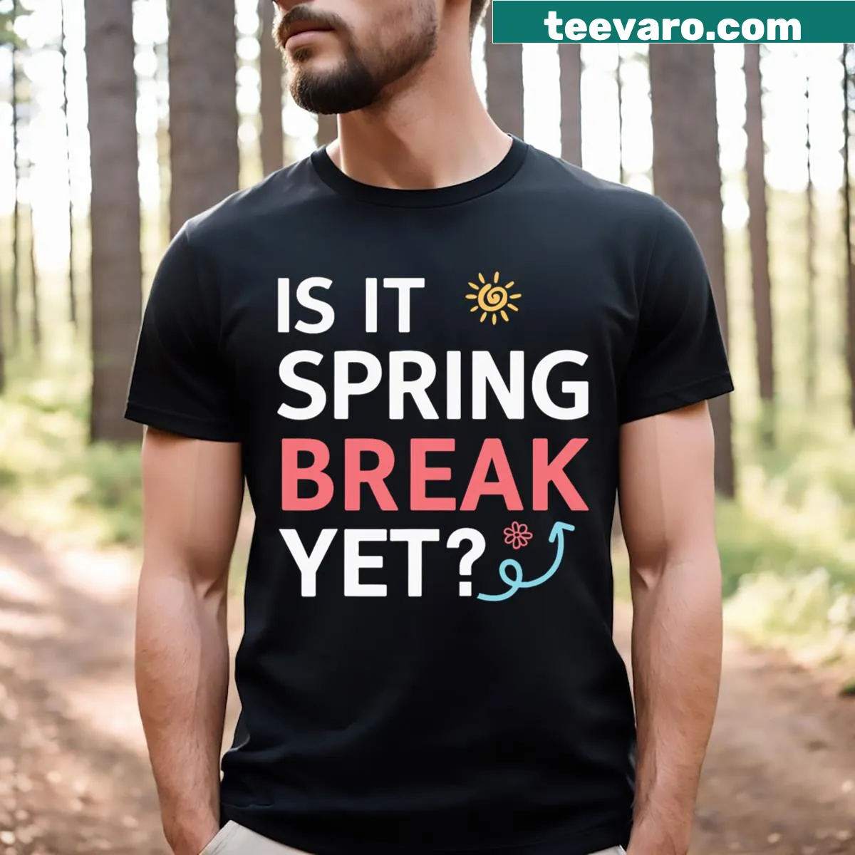 Floral pattern teacher shirt with the phrase 'Is It Spring Break Yet?' — on a men's t-shirt