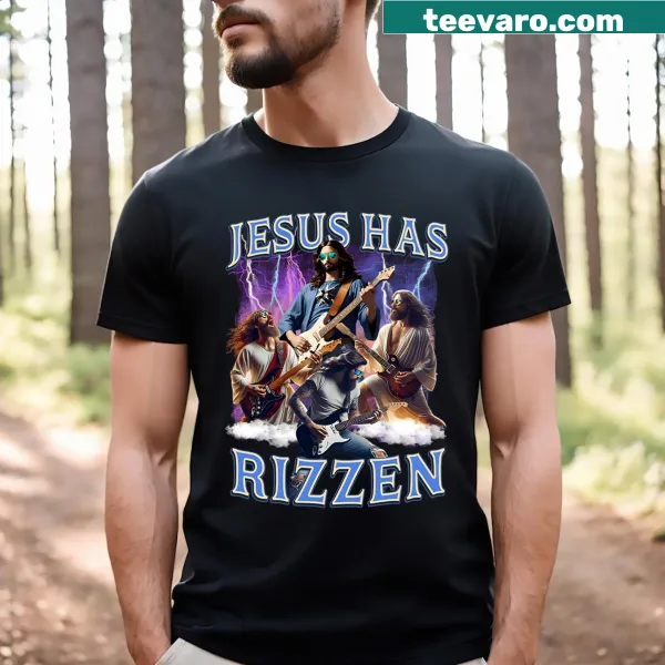 T-shirt featuring the phrase Jesus Has Rizzen in a rock star design