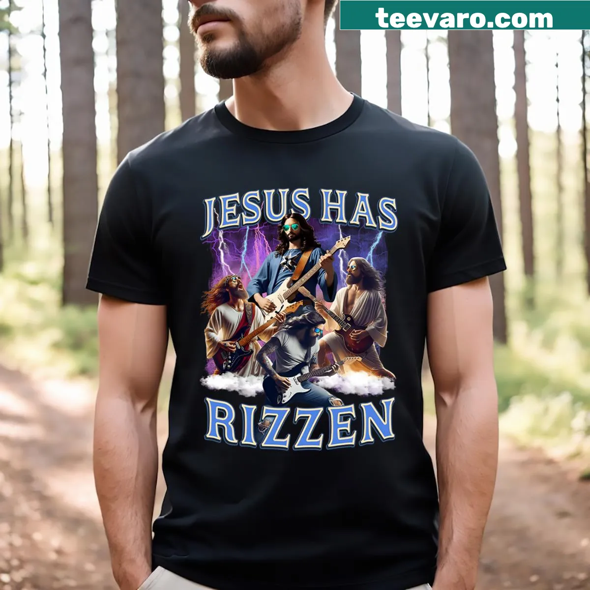 T-shirt featuring the phrase Jesus Has Rizzen in a rock star design — on a men's t-shirt