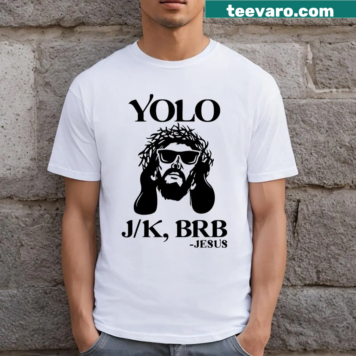 Funny Easter t-shirt featuring whimsical Jesus graphic with playful phrases — on a men's t-shirt