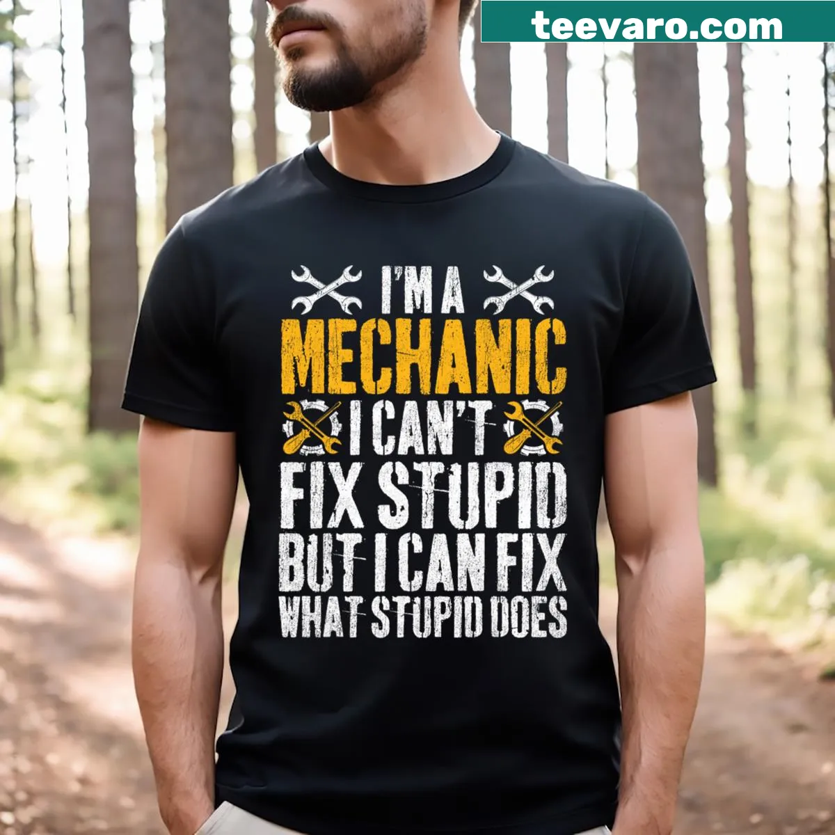 Badge-style graphic celebrating the mechanic profession on a T-shirt — on a men's t-shirt