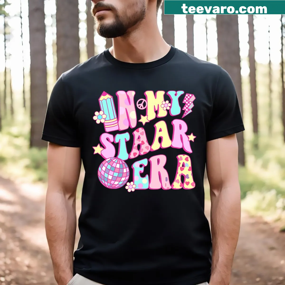 Playful T-shirt with disco-themed graphic for teachers and students — on a men's t-shirt