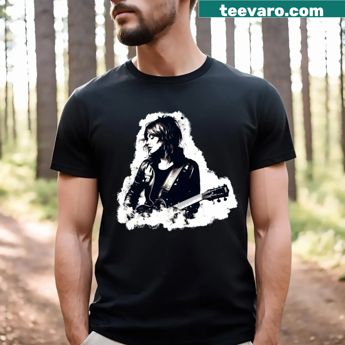 Graphic of a guitar player on a T-shirt — on a men's t-shirt