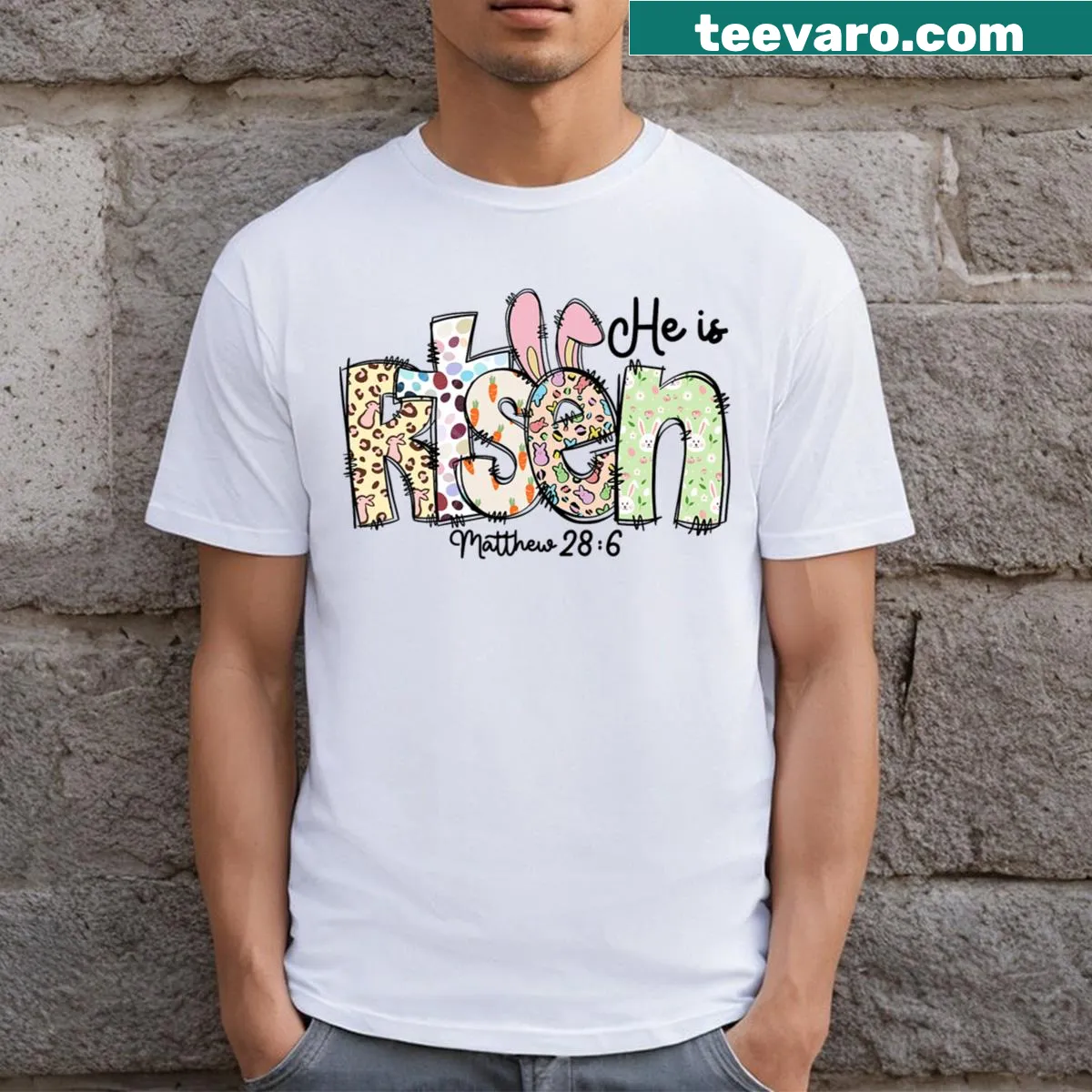 He Is Risen Jesus T-shirt with cheerful Easter message — on a men's t-shirt
