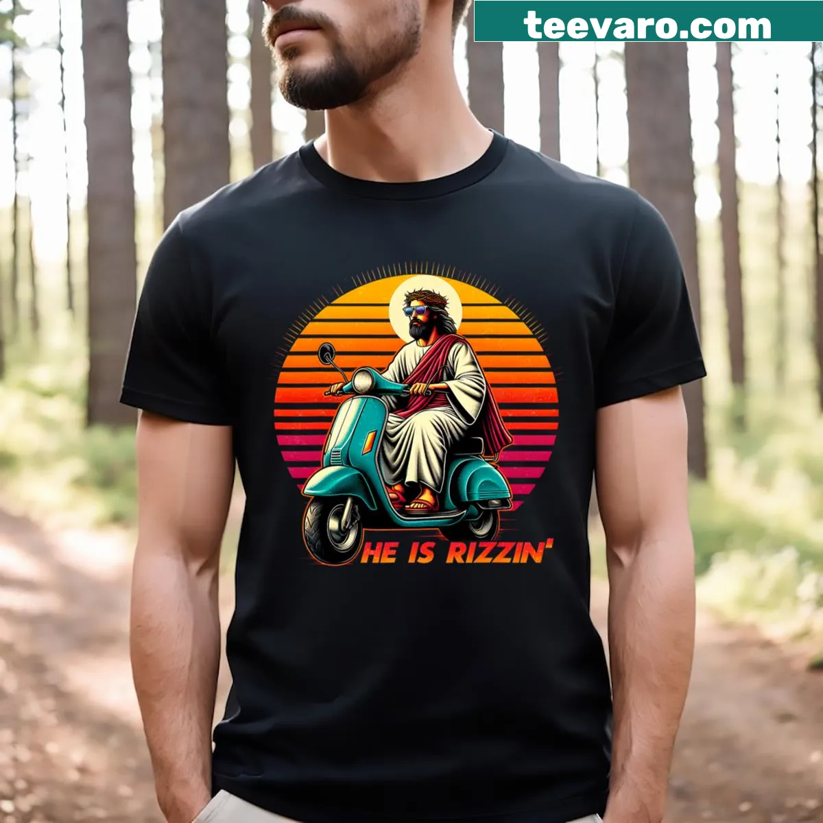 He Is Rizzen Funny Jesus T-shirt with playful text design — on a men's t-shirt