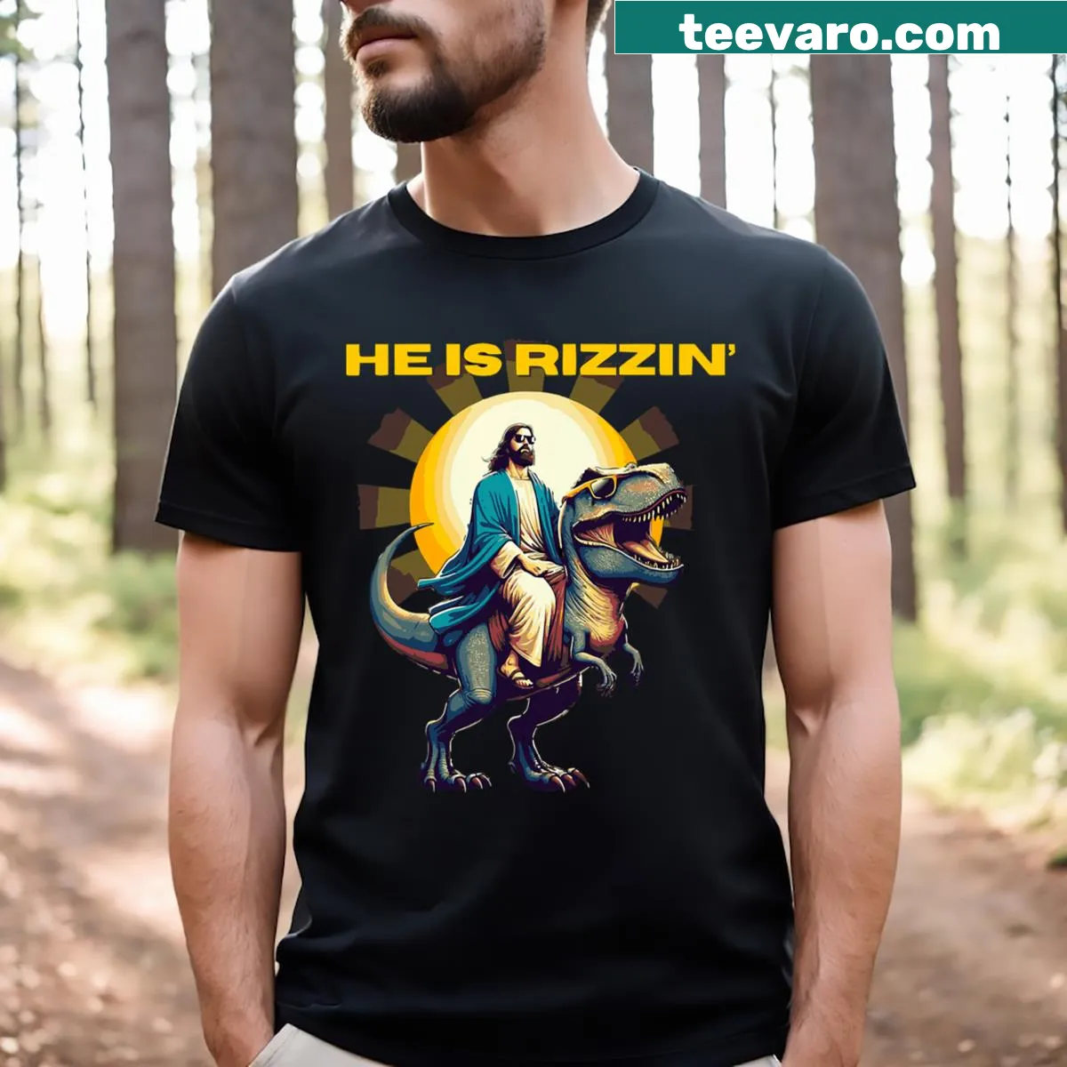 Funny T-shirt featuring a cartoon dinosaur and religious theme — on a men's t-shirt