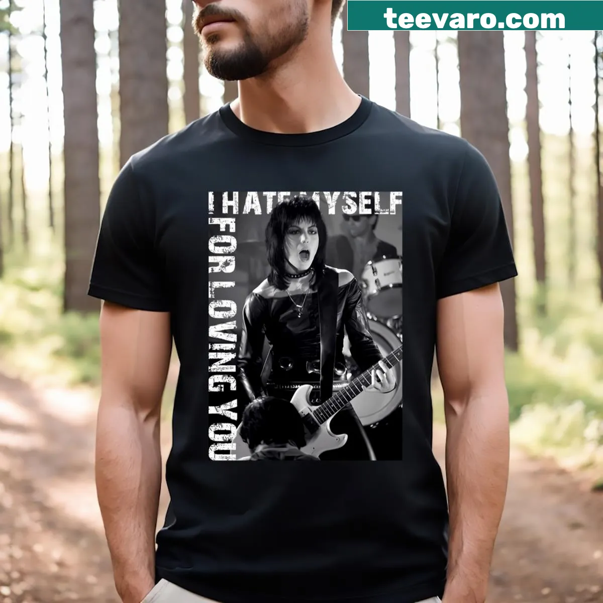 Sentimental t-shirt with the text I Hate Myself For Loving You — on a men's t-shirt