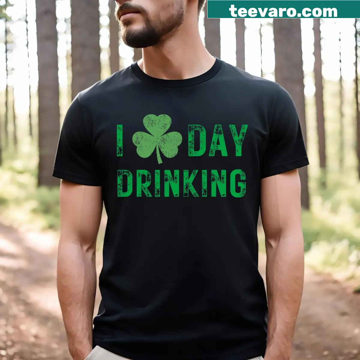 St. Patrick's Day t-shirt with shamrock heart and day drinking message — on a men's t-shirt