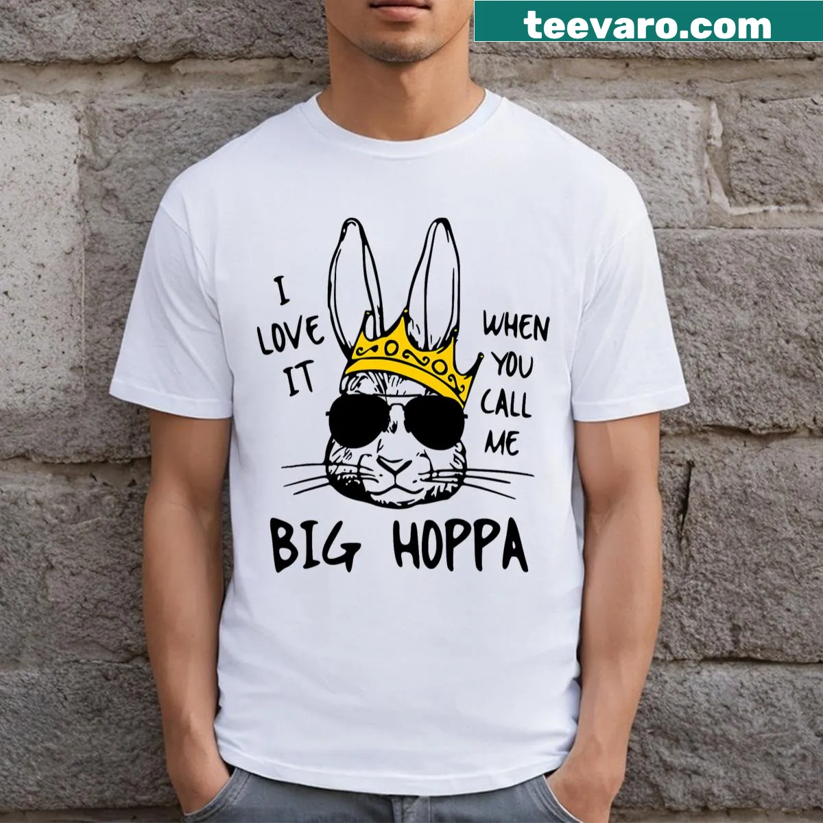 Easter kids t-shirt with Big Hoppa bunny graphic and playful text — on a men's t-shirt