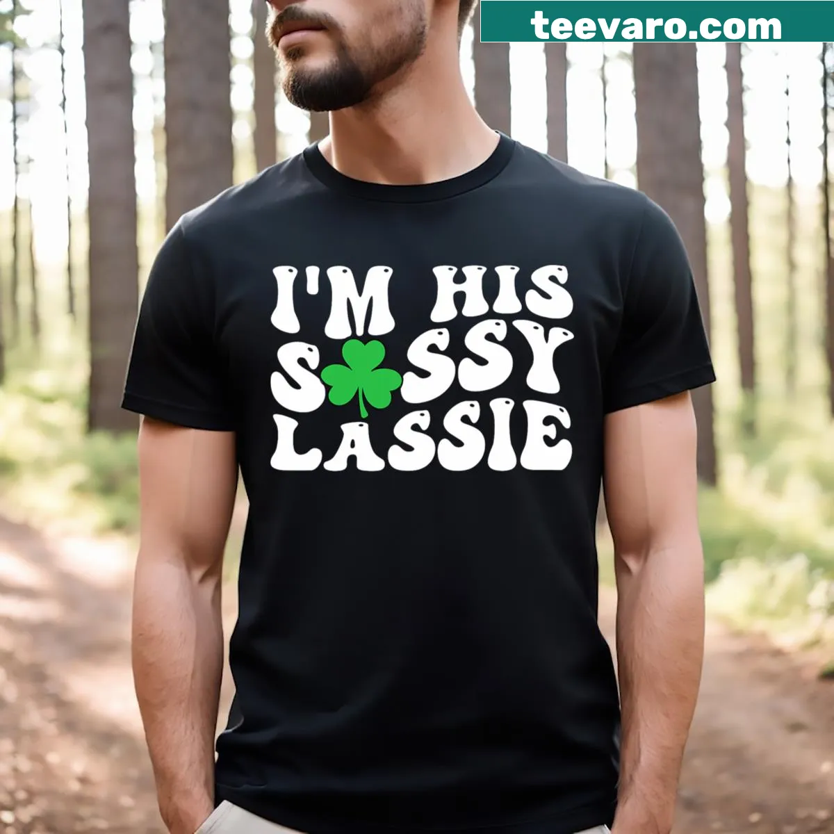 Couples matching St. Patrick's Day tee with text 'I'm His Sassy Lassie'. — on a men's t-shirt