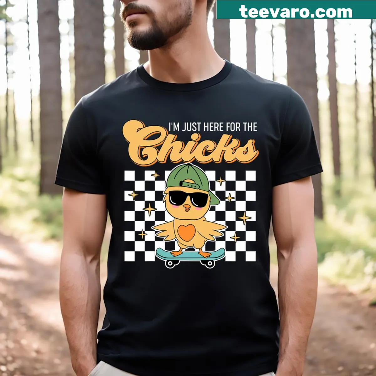 Witty Easter T-shirt with retro 'I'm Just Here For The Chicks' text — on a men's t-shirt