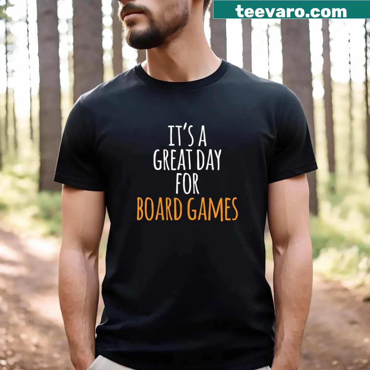 Cheerful T-shirt proclaiming 'It's A Great Day For Board Games' — on a men's t-shirt