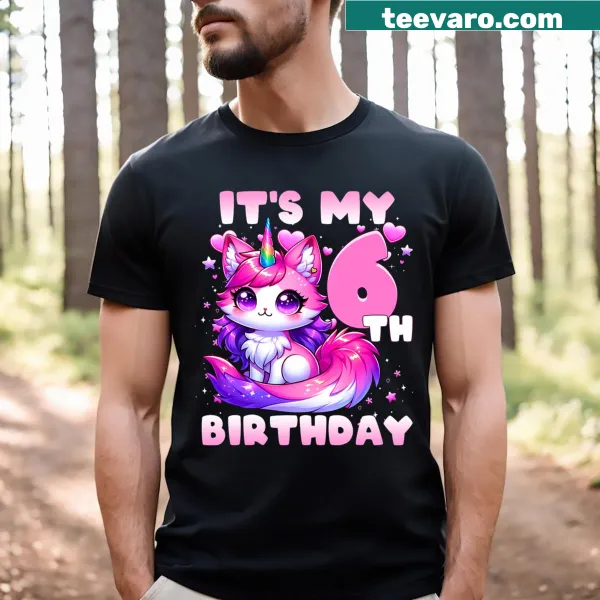 Funny T-shirt with a unicorn and cat design for a 6th birthday