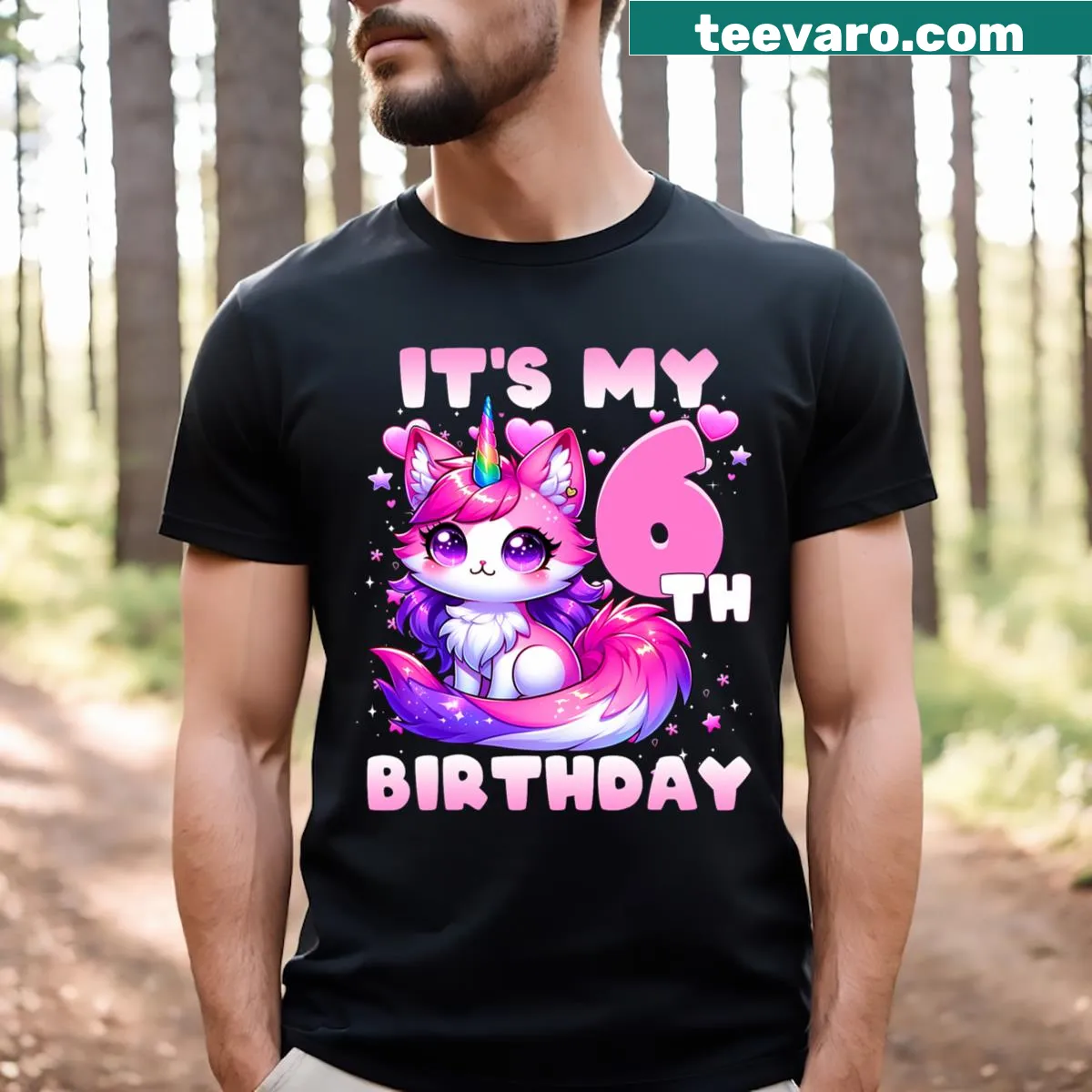 Funny T-shirt with a unicorn and cat design for a 6th birthday — on a men's t-shirt