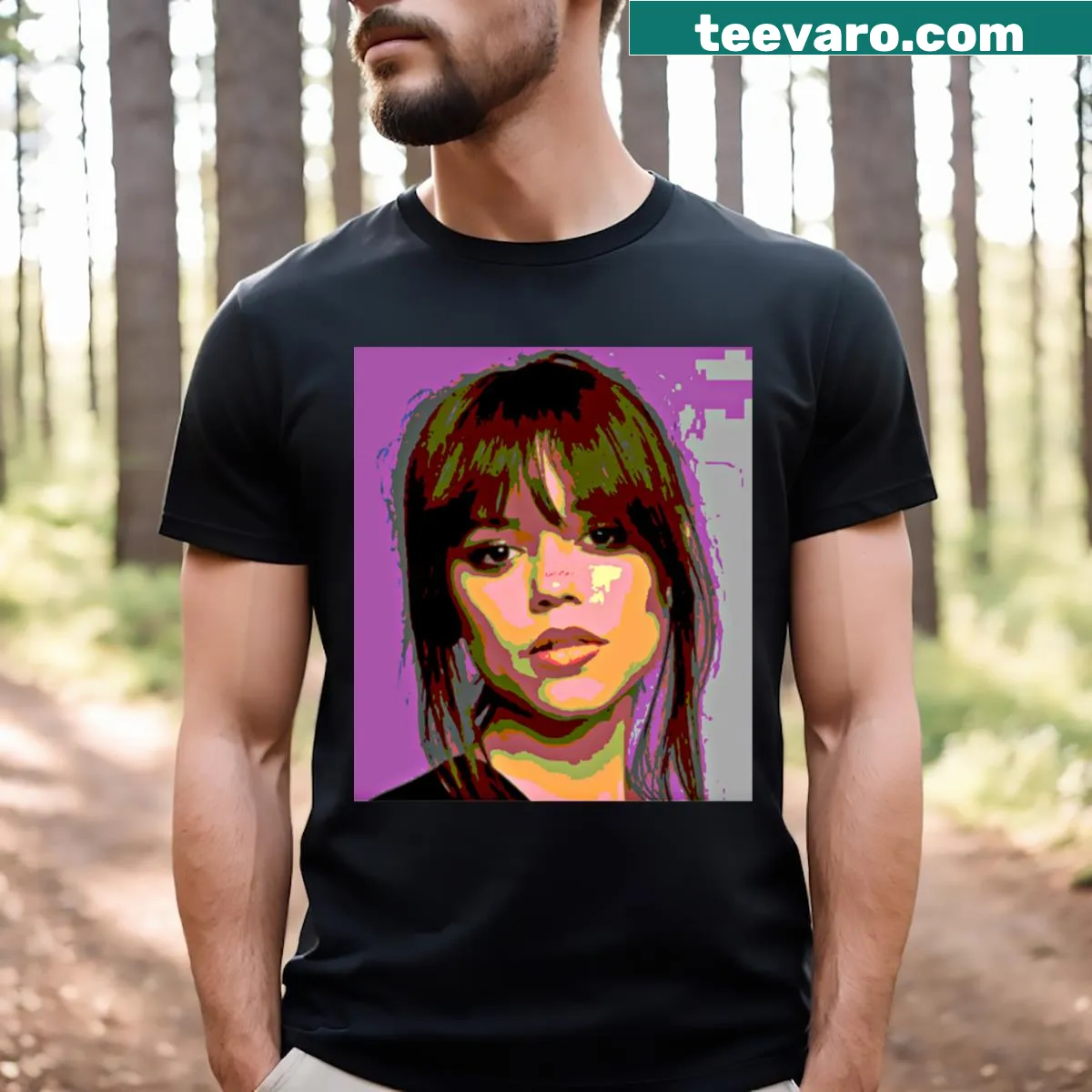 Pop art portrait T-shirt featuring Jenna Ortega — on a men's t-shirt