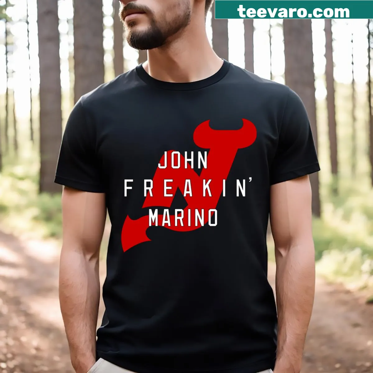 T-shirt featuring bold text 'John Freakin' Marino' for active wear — on a men's t-shirt