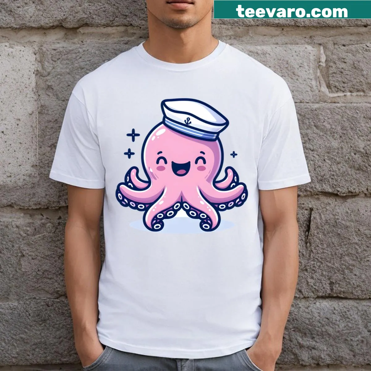 Kawaii cartoon character in a sailor hat for playful everyday wear — on a men's t-shirt