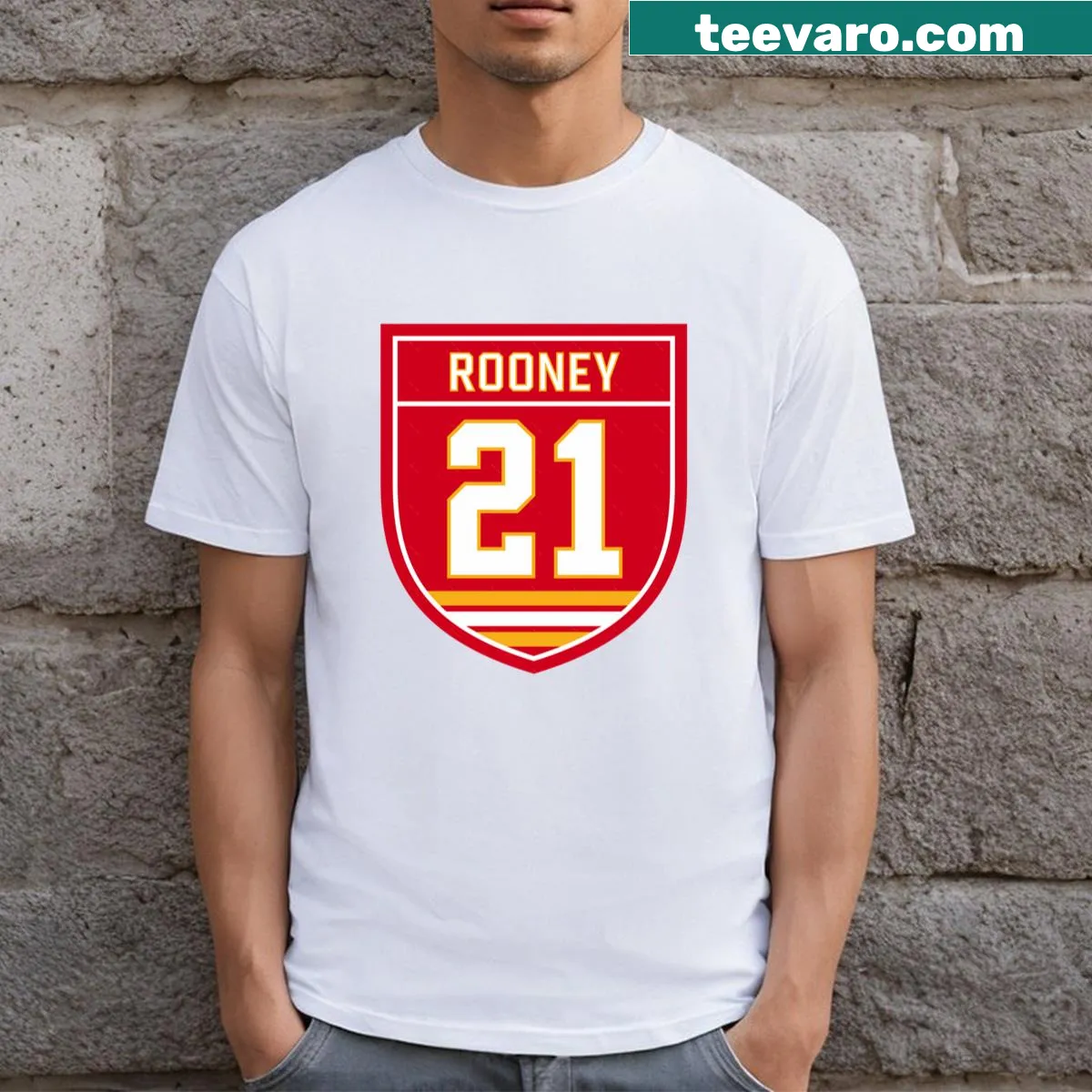 Emblem T-shirt featuring Kevin Rooney and Calgary 21 design — on a men's t-shirt
