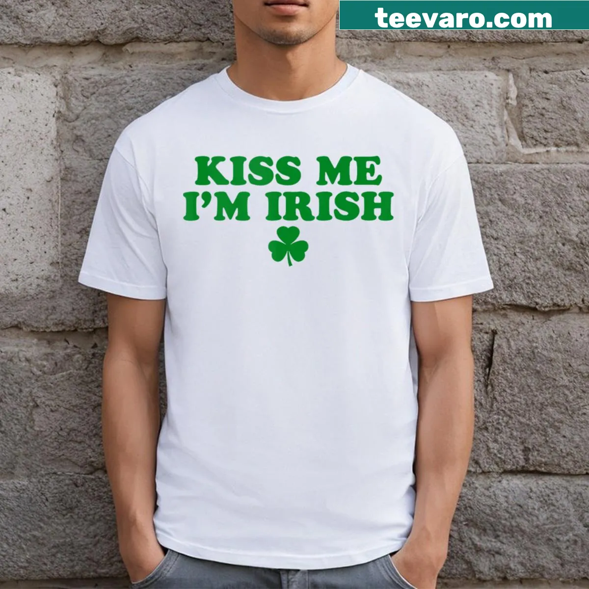 Humorous St. Patrick's Day T-shirt with shamrock and playful text — on a men's t-shirt