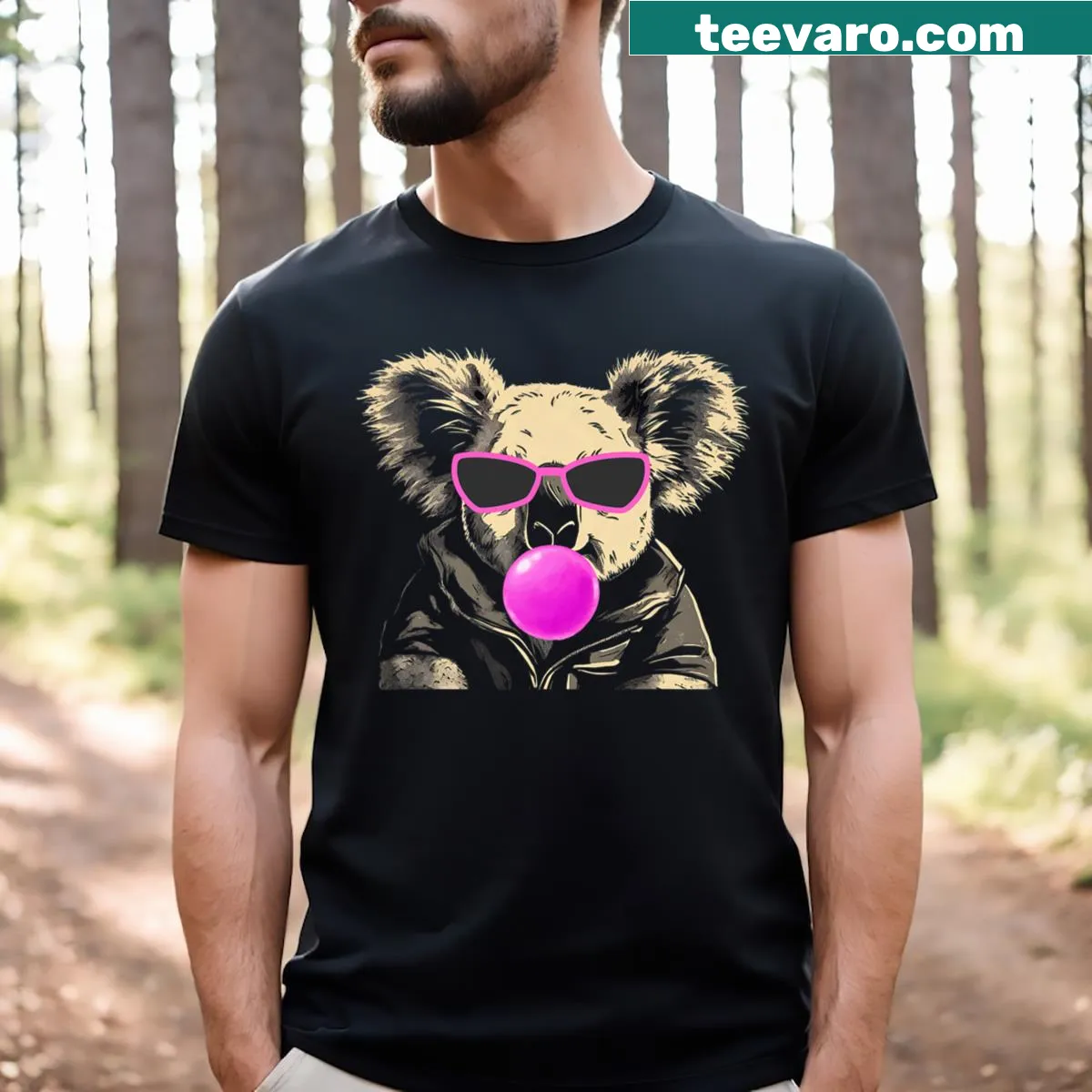 Playful cartoon koala in glasses blowing bubble gum for casual wear — on a men's t-shirt