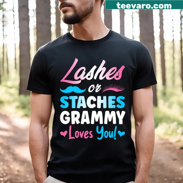 Cute gender reveal T-shirt with lashes and mustaches graphics