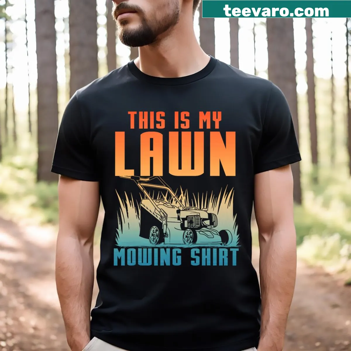 Illustrative lawn mower graphic T-shirt for men. — on a men's t-shirt