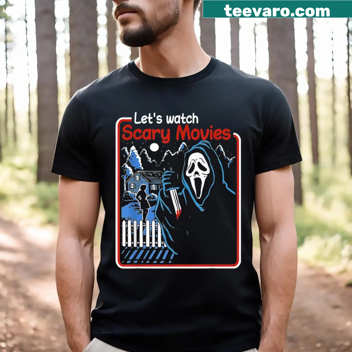 T-shirt with the phrase Let's Watch Scary Movies in bold horror-themed typography — on a men's t-shirt