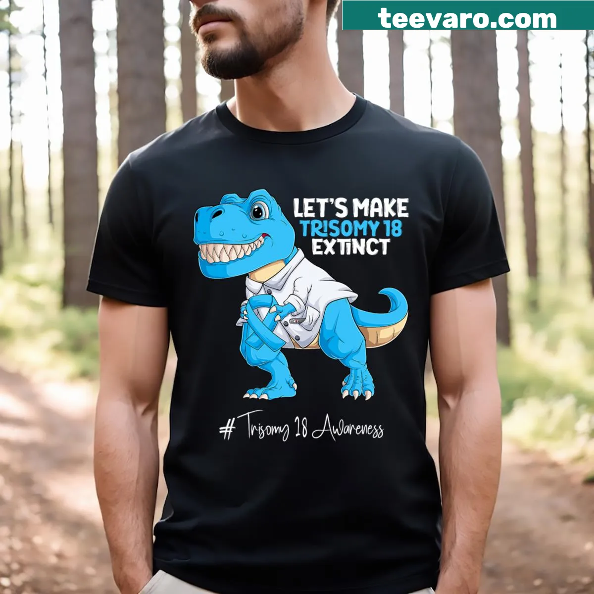 Awareness T-shirt with light blue ribbon design for Trisomy 18 — on a men's t-shirt