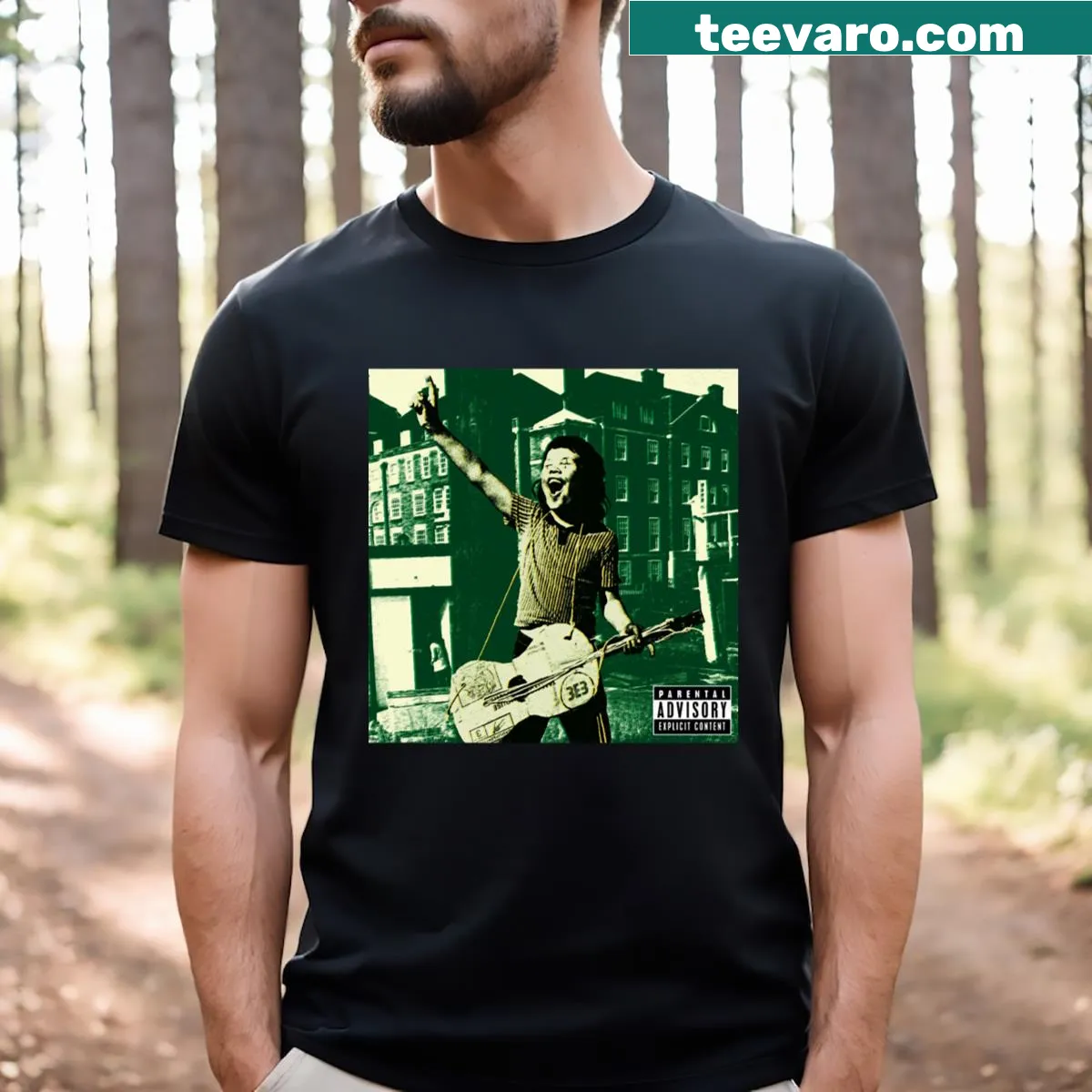 T-shirt featuring a live show guitarist design in a playful style — on a men's t-shirt