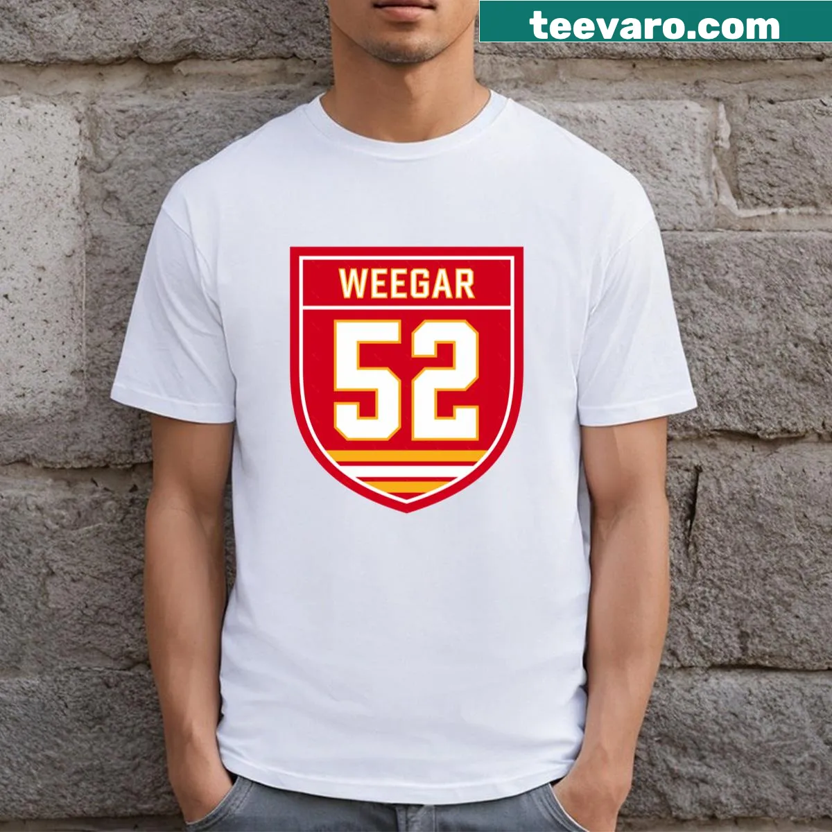 Calgary Flames Mackenzie Weegar #52 emblem t-shirt — on a men's t-shirt