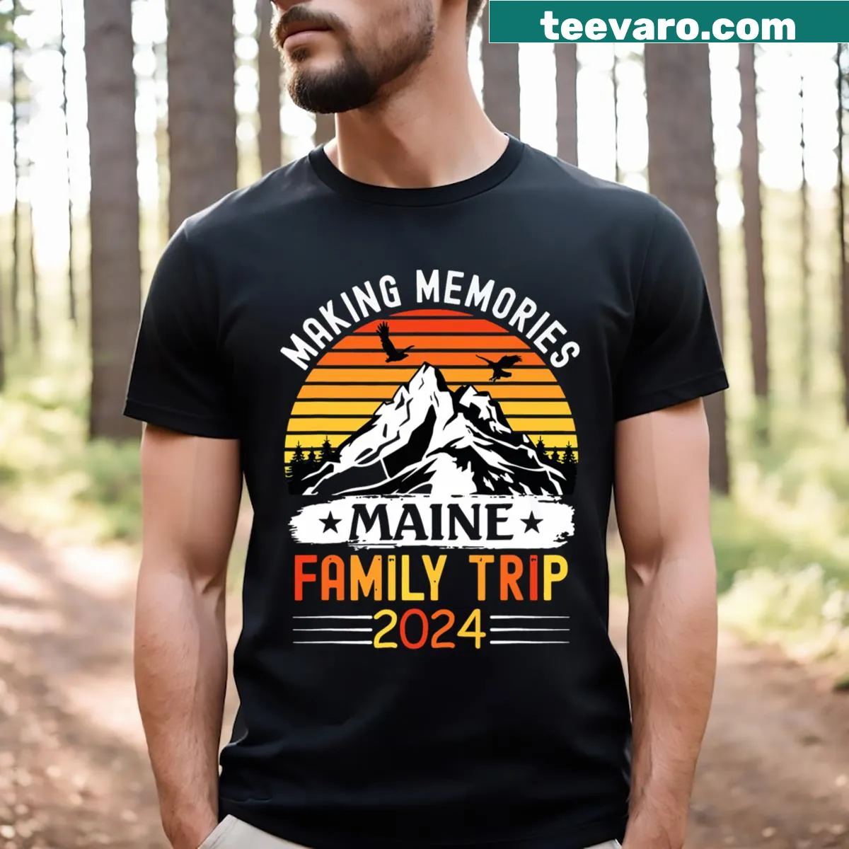 Illustrated t-shirt showcasing Maine camping family vacation theme — on a men's t-shirt