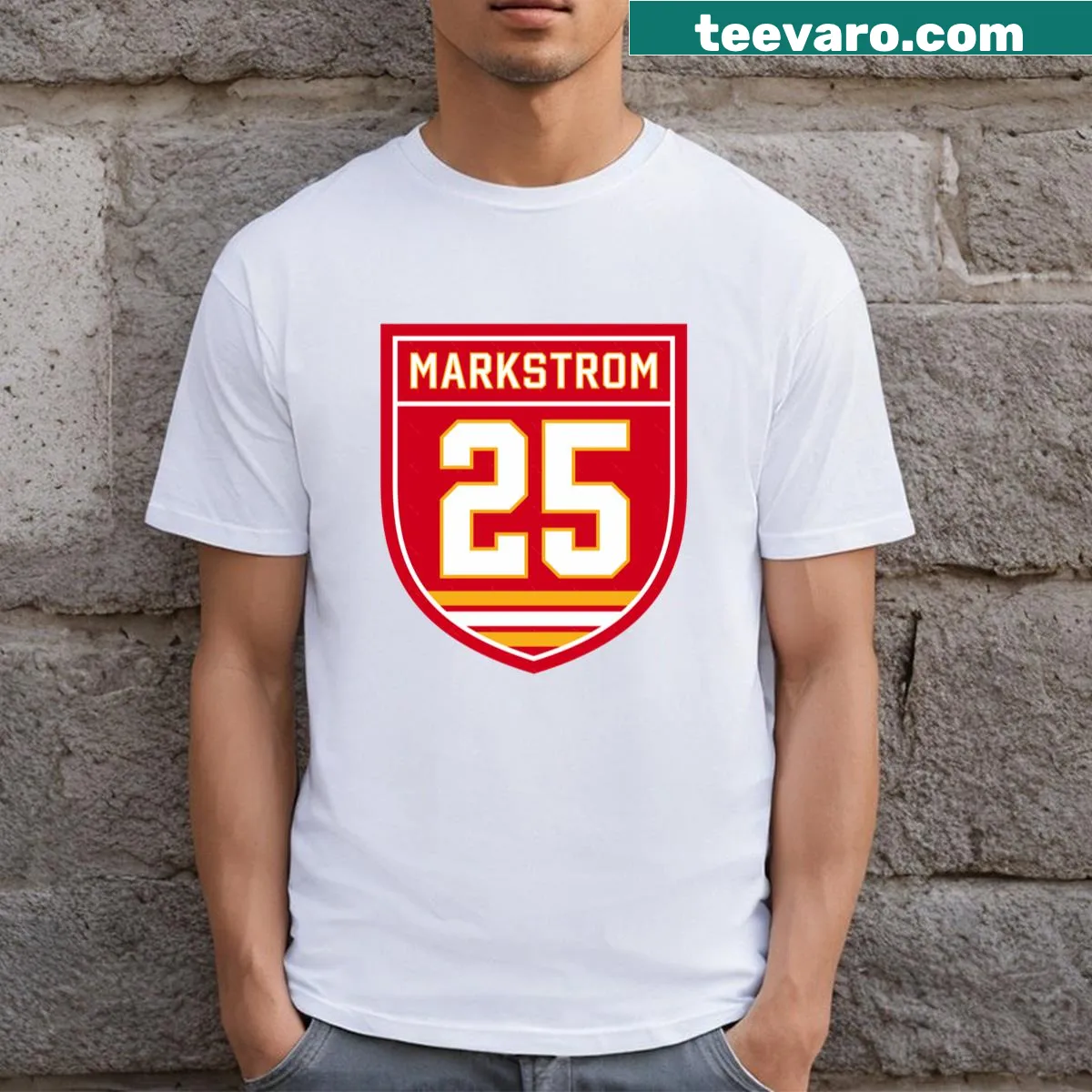 Markstrom Calgary 25 emblem graphic T-shirt — on a men's t-shirt