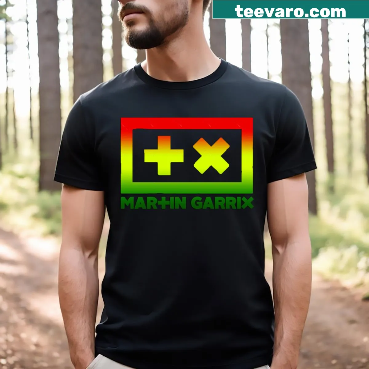 Graphic T-shirt featuring Martin Garrix's logo and music theme. — on a men's t-shirt