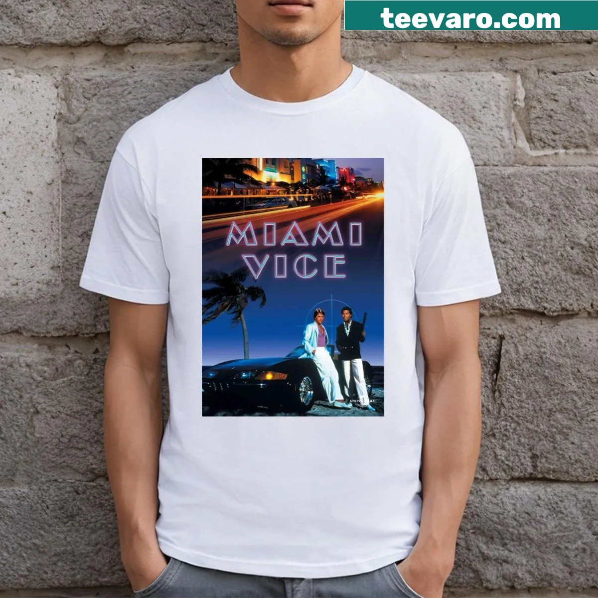 Retro Miami Vice 2006 t-shirt with stylized text — on a men's t-shirt