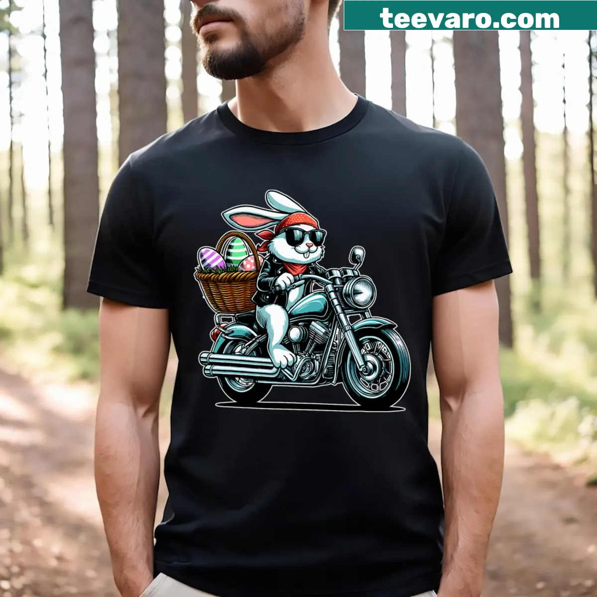 Cartoon Motorcycle Bunny Easter t-shirt with colorful eggs — on a men's t-shirt