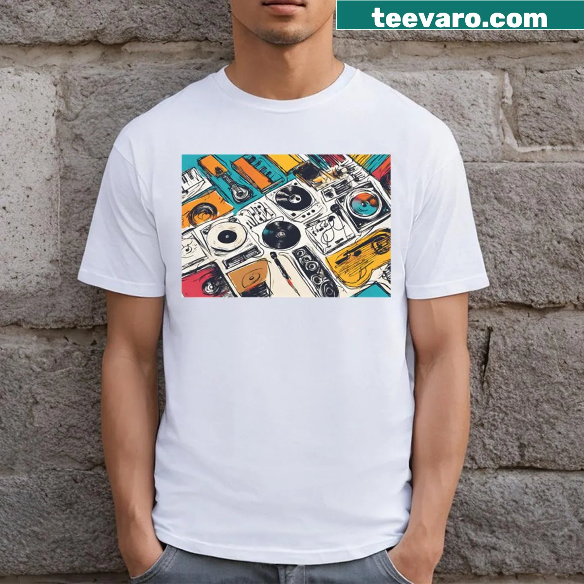 Graphic of a musical disk design on a T-shirt. — on a men's t-shirt