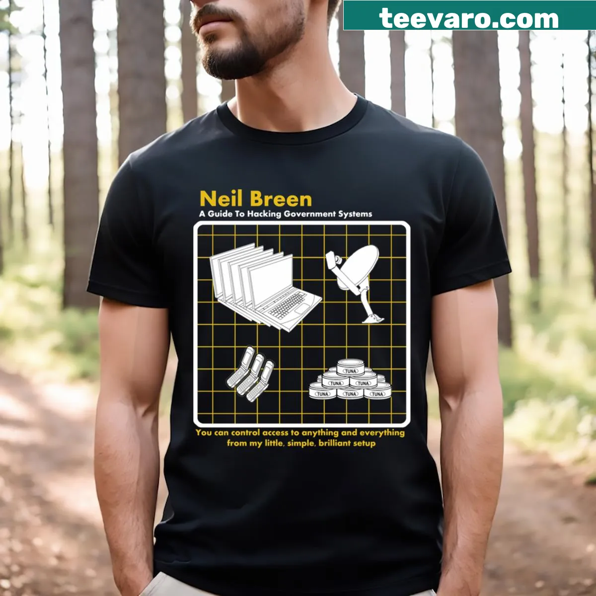 Funny T-shirt with 'Neil Breen A Guide To Hacking' text — on a men's t-shirt