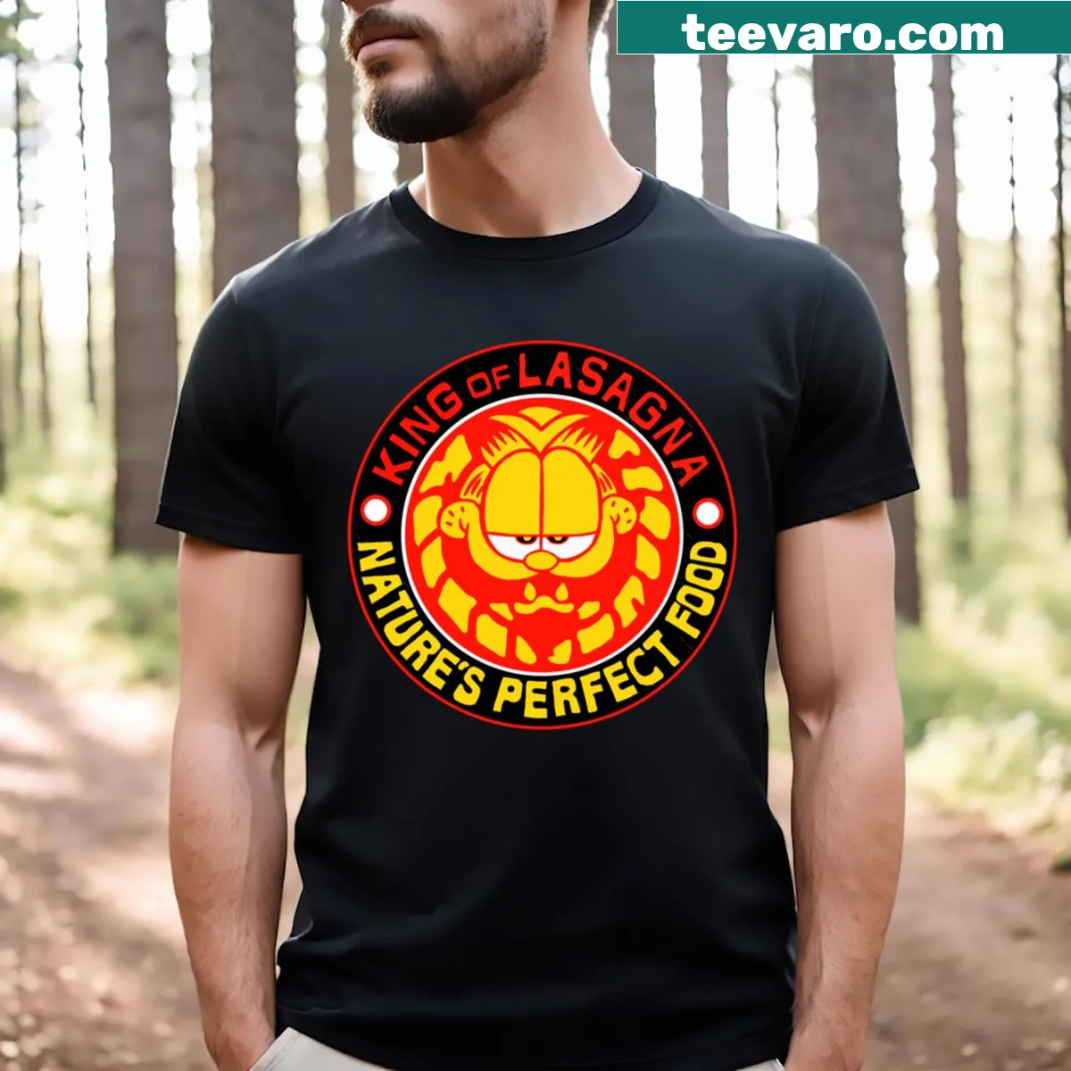 Playful Lasagna Pro Wrestling cartoon T-shirt — on a men's t-shirt