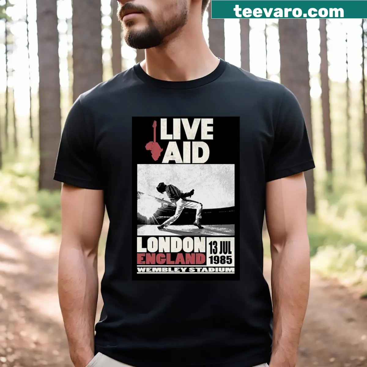 Illustrative Live Aid concert commemorative t-shirt — on a men's t-shirt