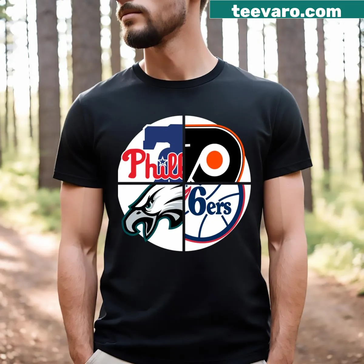 Bold graphic design representing Philadelphia sports teams on a T-shirt — on a men's t-shirt