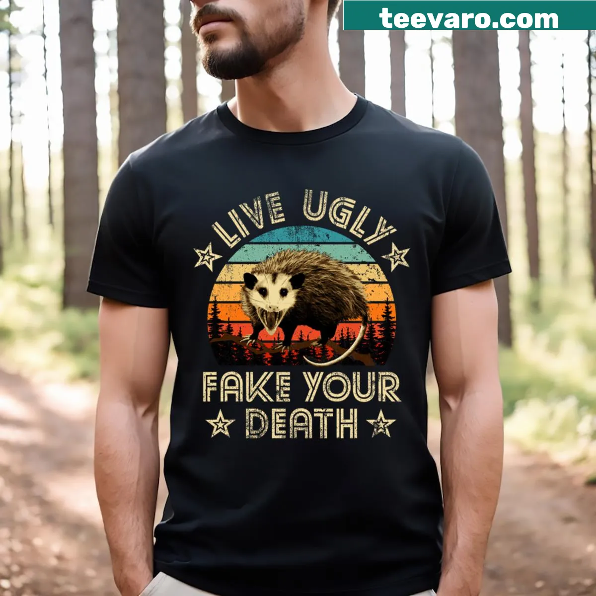Funny t-shirt with the phrase 'Possum Live Ugly Fake Your Death' — on a men's t-shirt