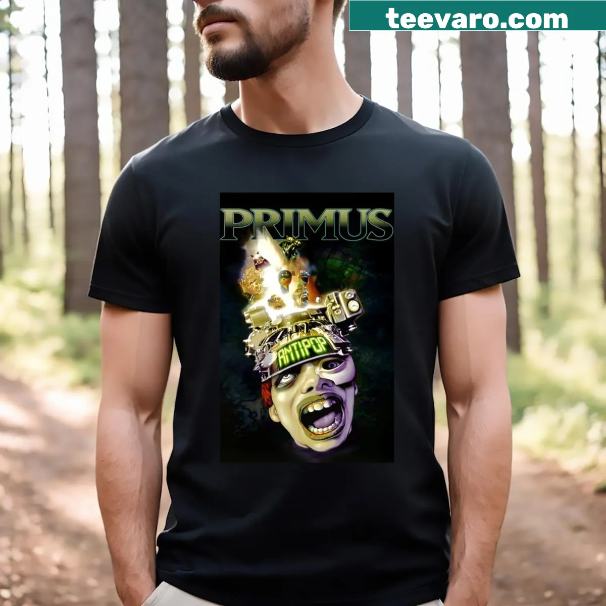 T-shirt featuring Primus album titles — on a men's t-shirt