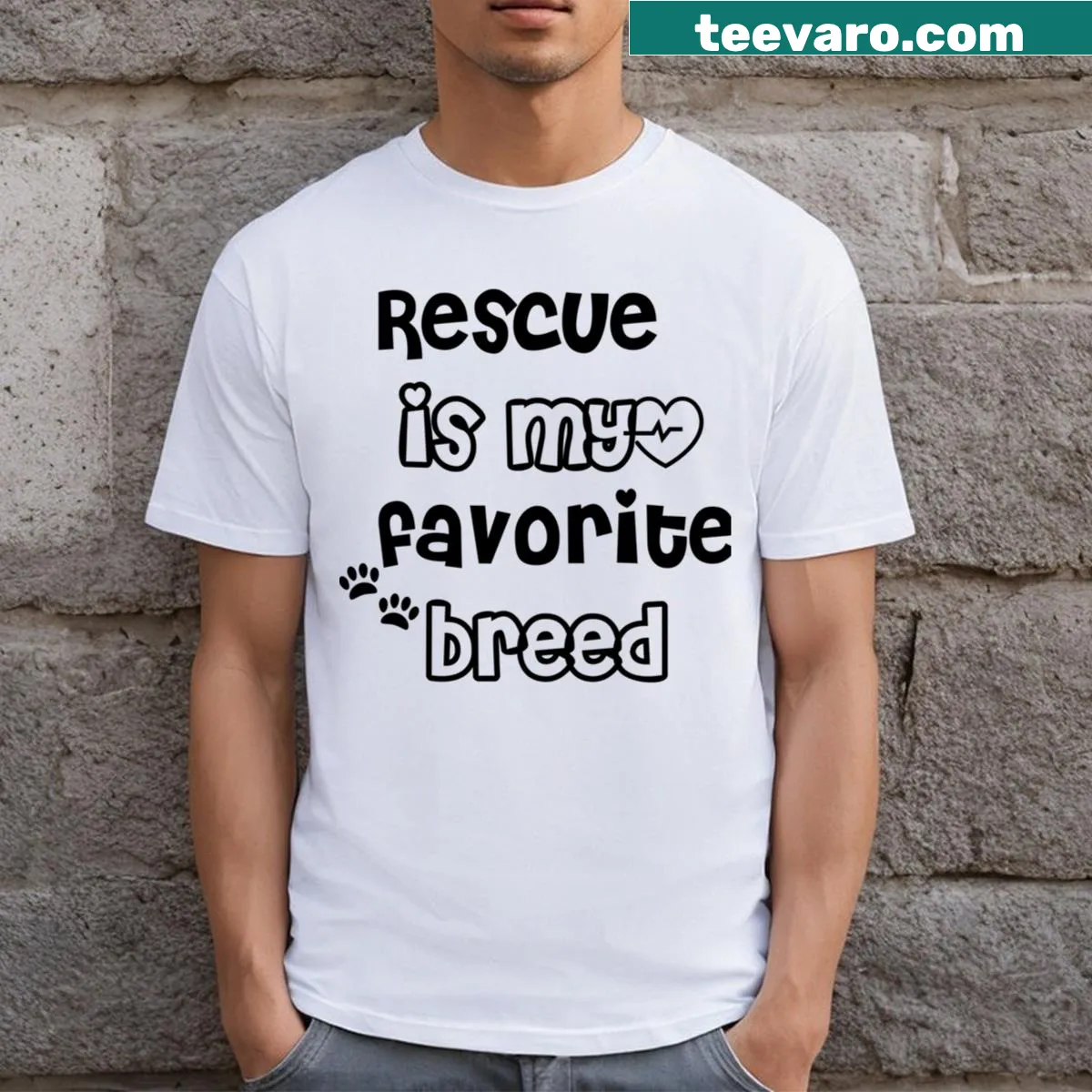 Typography shirt declaring Rescue Is My Favorite Breed — on a men's t-shirt