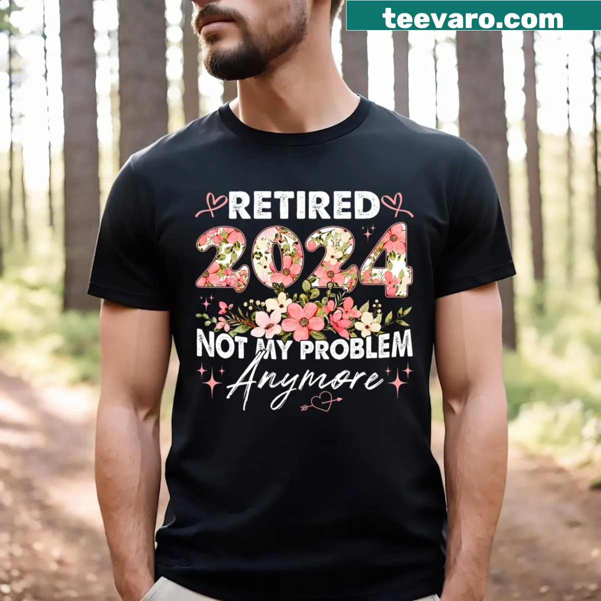 Comical Retired 2024 T-shirt with floral elements for a fun retirement — on a men's t-shirt