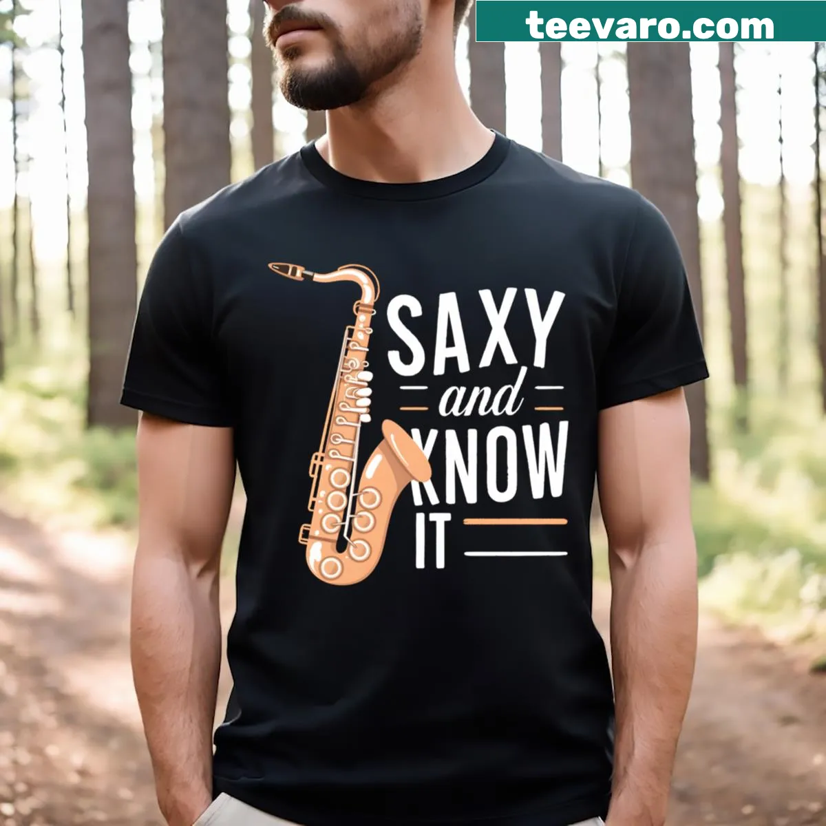 Playful saxophone lover t-shirt with witty typography — on a men's t-shirt