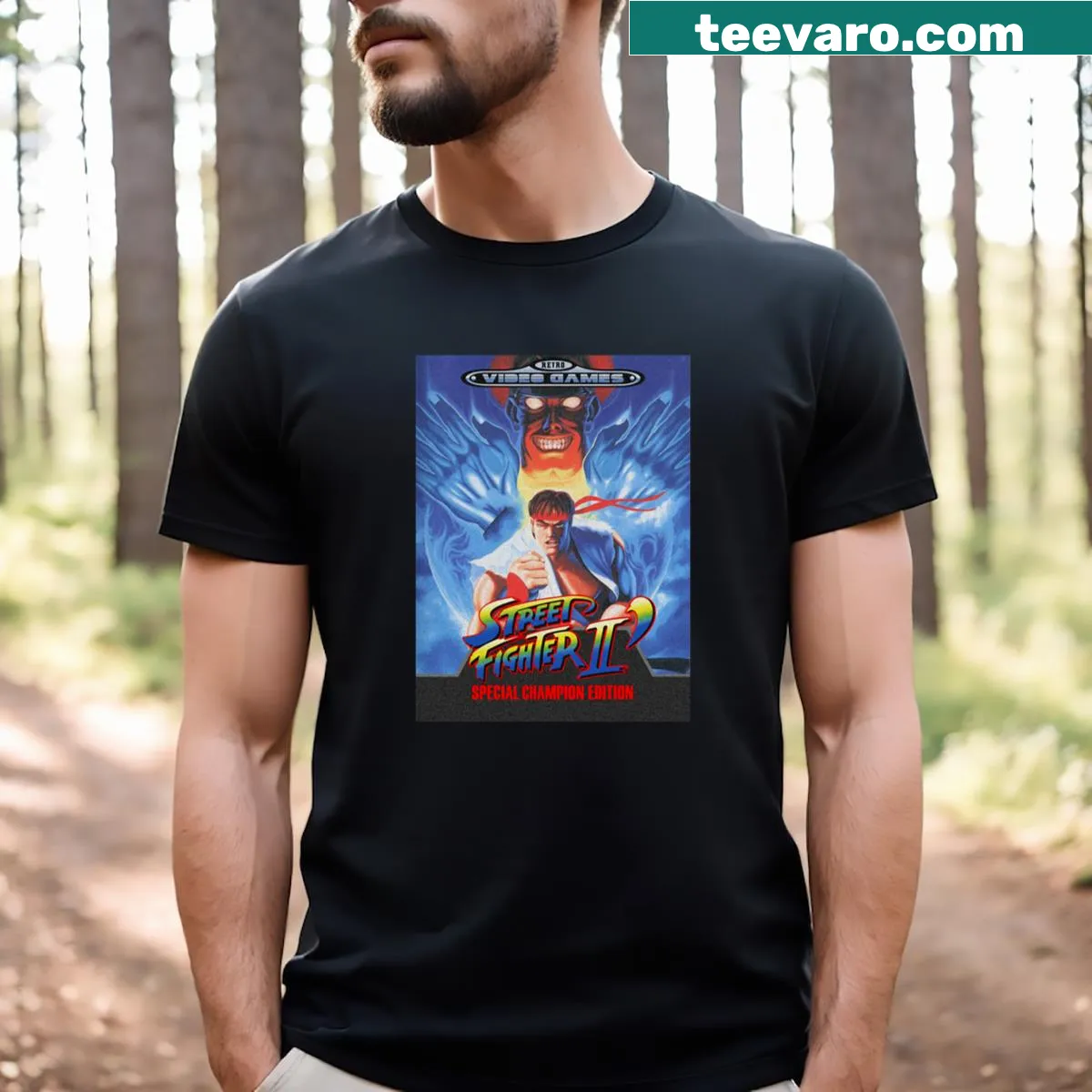 Retro T-shirt featuring Street Fighter II characters — on a men's t-shirt