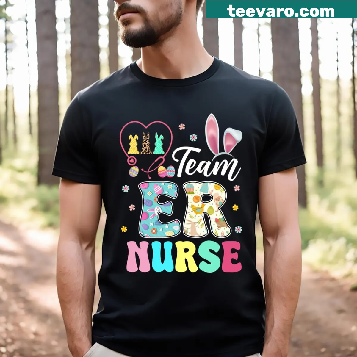 Humorous nursing shirt with Easter Bunny theme for nurses — on a men's t-shirt