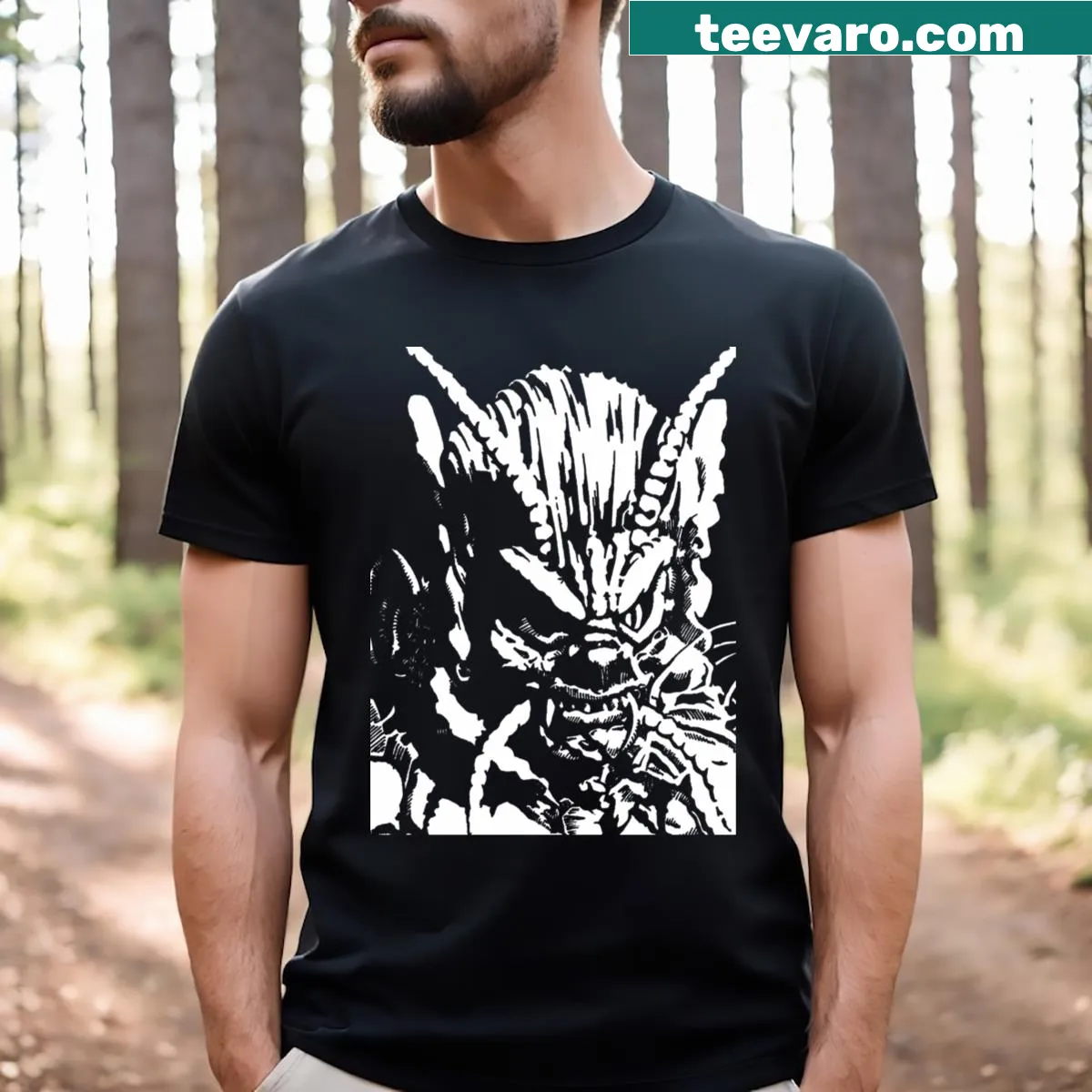Illustration of the She Creature on a T-shirt, with spooky design elements — on a men's t-shirt