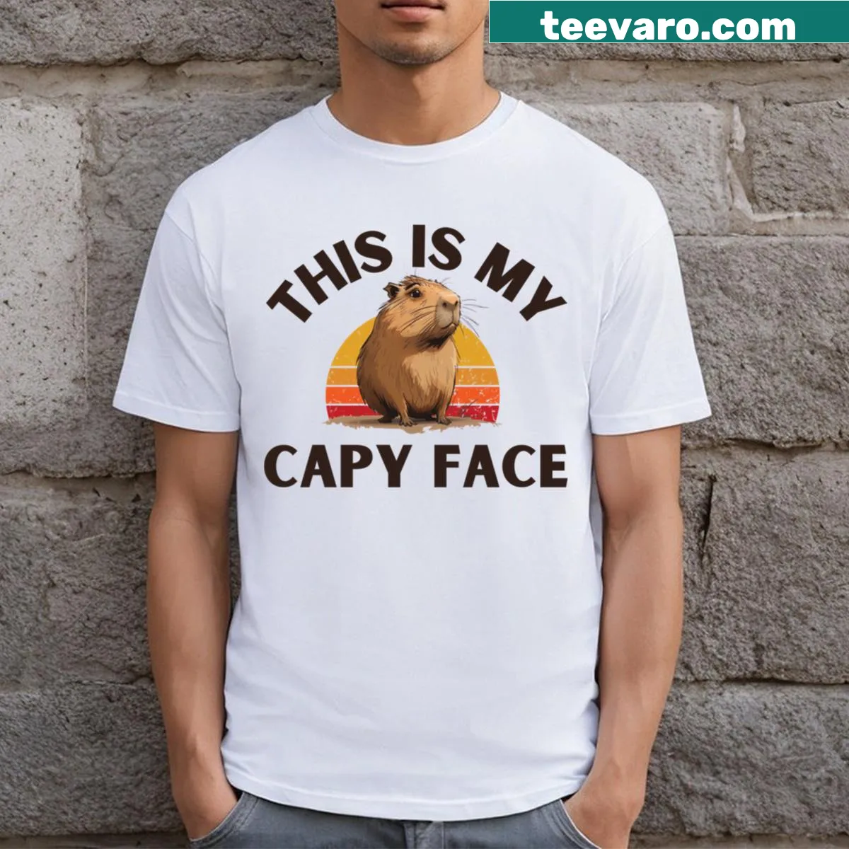 Playful T-shirt featuring a capybara face graphic — on a men's t-shirt